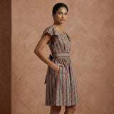 Red Leaf Block Print Cotton Open-Back Fit and Flare Knee Length Dress