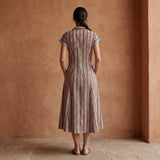 Red Leaf Block Print Cotton Paneled A-Line Midi Dress