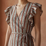 Red Leaf Block Print Cotton Ruffle Midi Wrap Dress