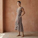 Red Leaf Block Print Cotton Ruffle Midi Wrap Dress