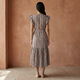 Red Leaf Block Print Cotton Ruffle Midi Wrap Dress