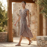Red Leaf Block Print Cotton Ruffle Midi Wrap Dress