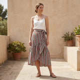 Red Leaf Block Print Cotton Ruffle Midi Wrap Skirt