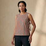 Red Leaf Block Print Cotton Sleeveless Side-Tie Top