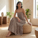 Red Leafy Block Print Cotton Drop-Waist Camisole Maxi Tier Dress