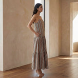 Red Leafy Block Print Cotton Drop-Waist Camisole Maxi Tier Dress