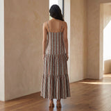 Red Leafy Block Print Cotton Drop-Waist Camisole Maxi Tier Dress