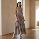 Red Leafy Block Print Cotton Drop-Waist Camisole Maxi Tier Dress