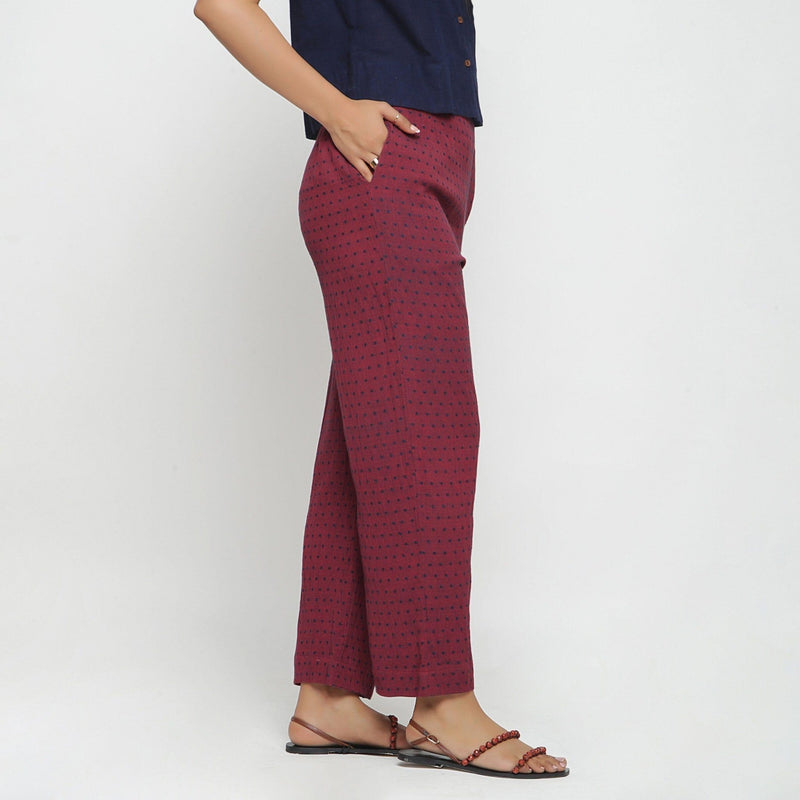 Right View of a Model wearing Red Polka Dots Straight Cotton Pant