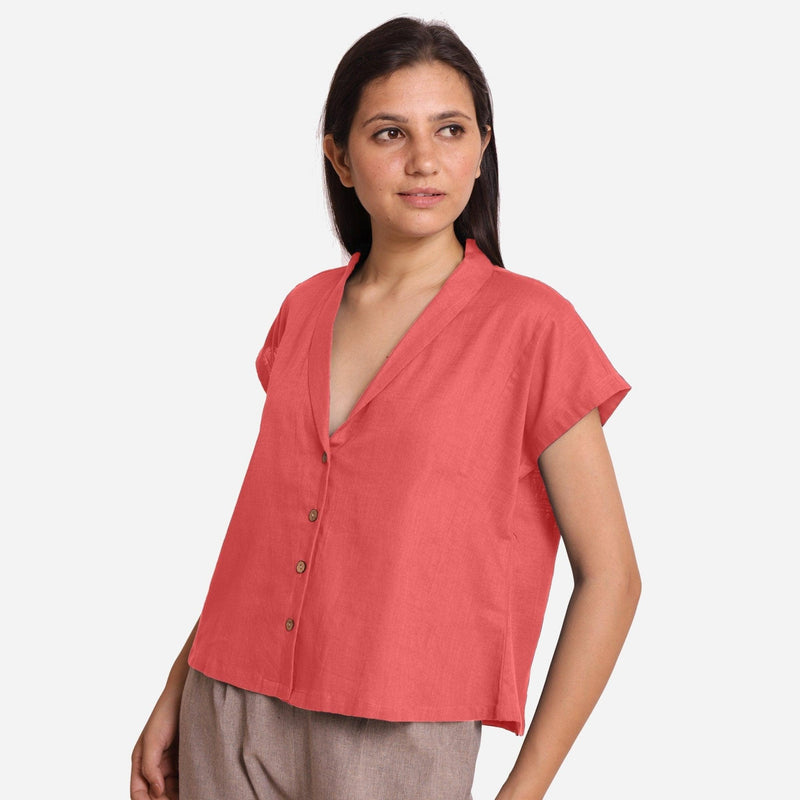 Left View of a Model wearing Red Deep Neck Button-Down Cotton Top