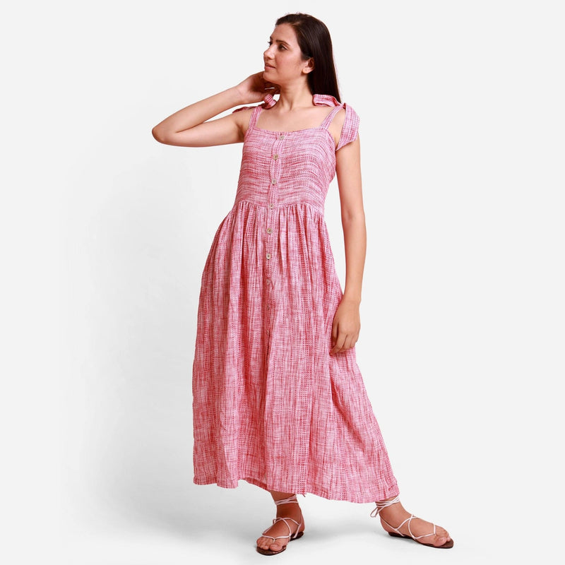 Front View of a Model wearing Red Crinkled Cotton Camisole Dress