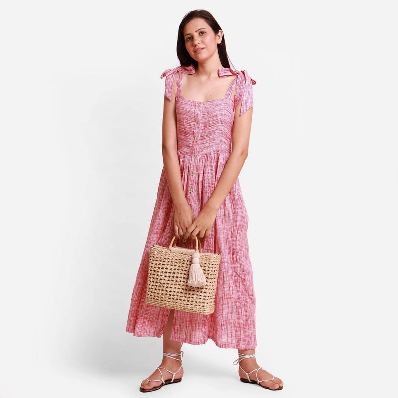 Front View of a Model wearing Red Crinkled Cotton Camisole Dress