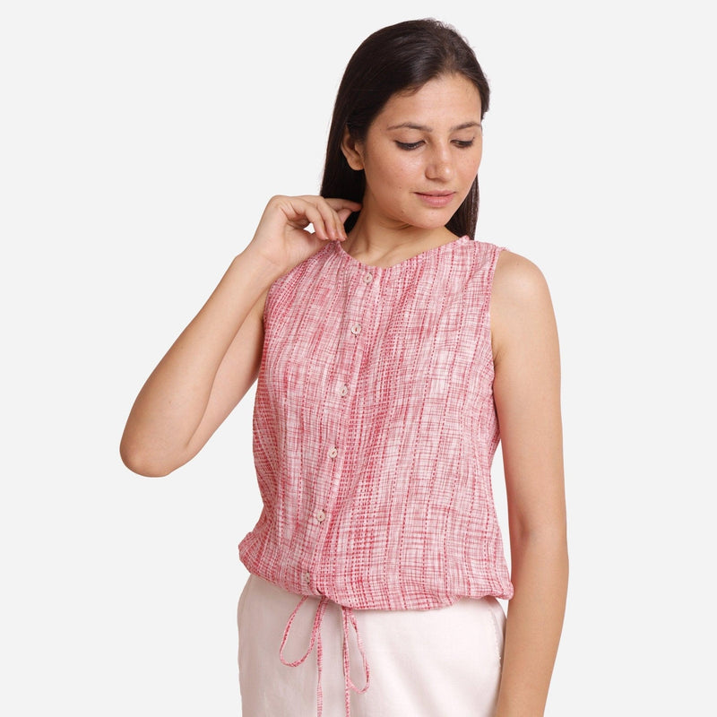 Left View of a Model wearing Red Stripes Crinkled Cotton Button-Down Balloon Top