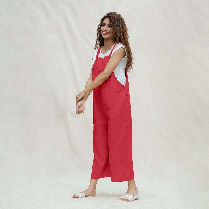 Red Vegetable Dyed Cotton Midi Dungaree Jumpsuit