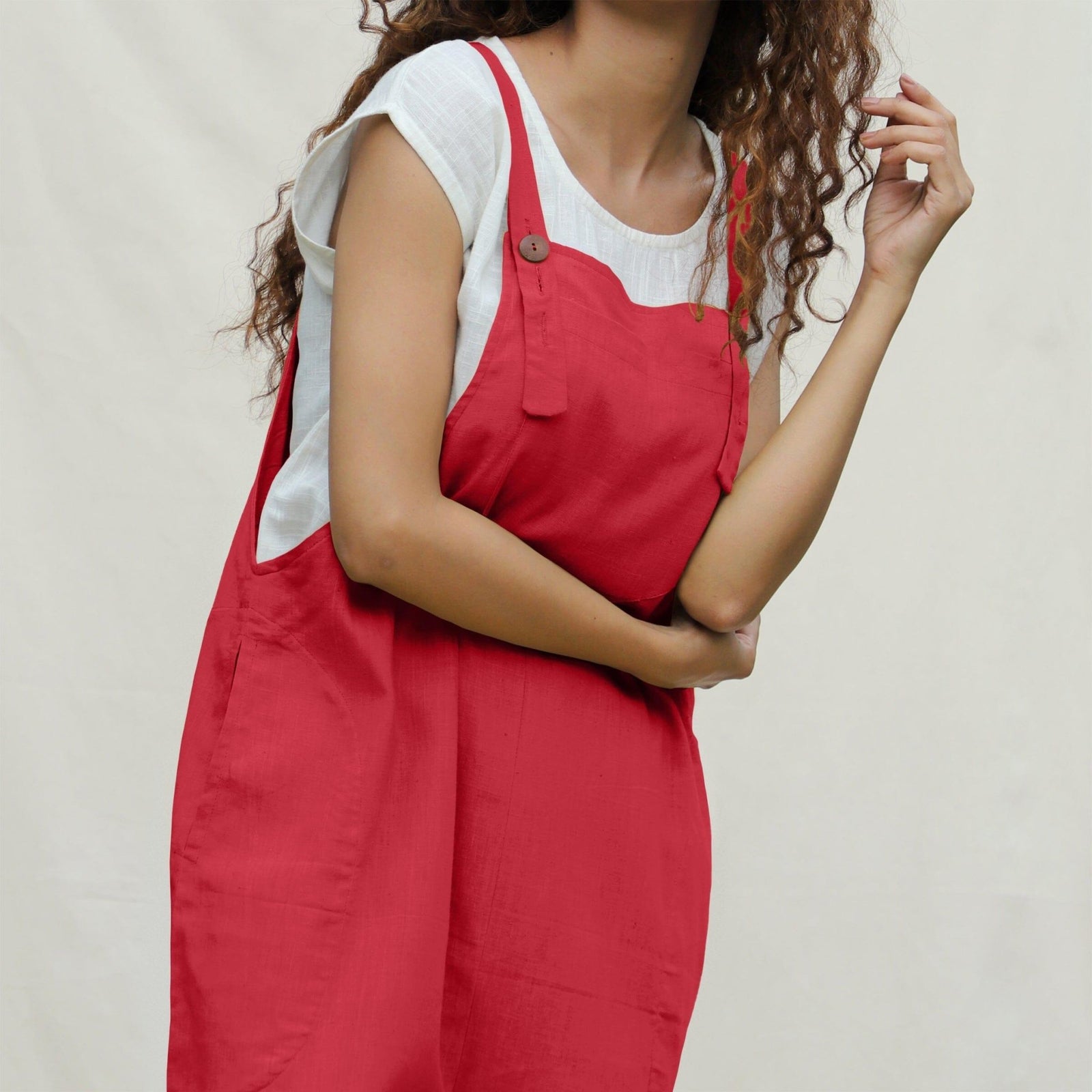 Buy Red Vegetable Dyed Cotton Midi Dungaree Jumpsuit Online at SeamsFriendly