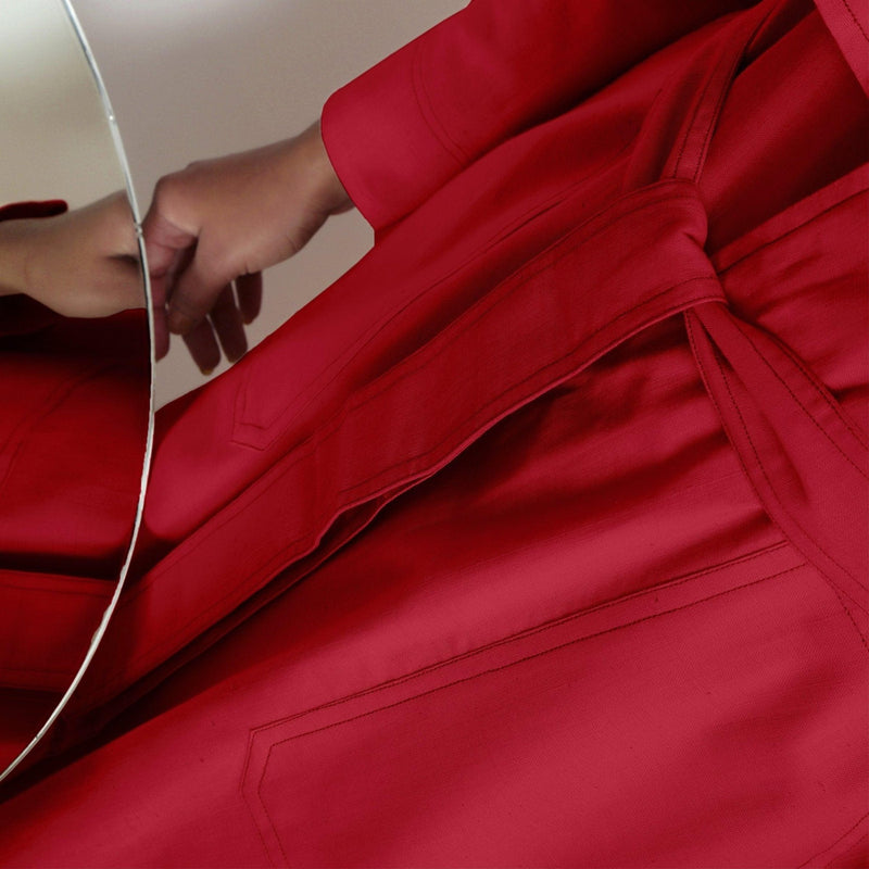 Front Detail of a Model wearing Vegetable Dyed Red Paneled Cotton Overlay