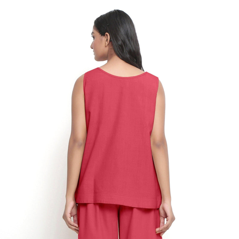 Back View of a Model wearing Vegetable Dyed Red Boat Neck A-Line Top