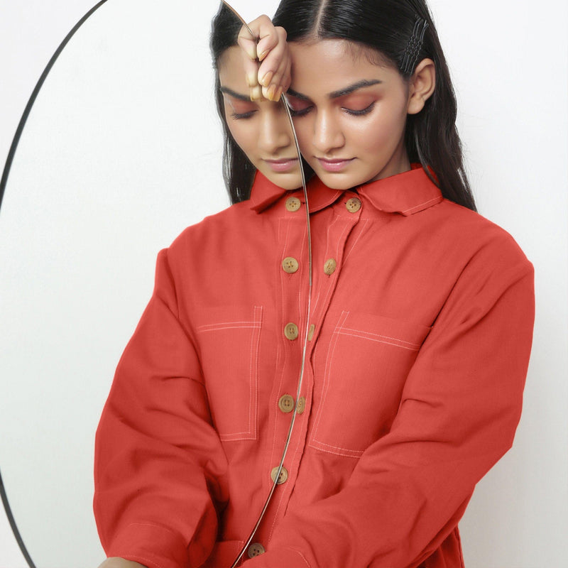 Front Detail of a Model wearing Vegetable Dyed Button-Down Red Outerwear