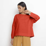 Front View of a Model wearing Vegetable-Dyed Red 100% Cotton Straight Top