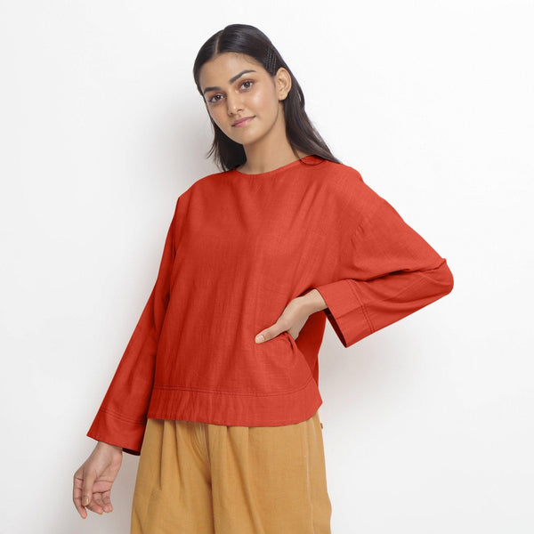 Front View of a Model wearing Vegetable-Dyed Red 100% Cotton Straight Top