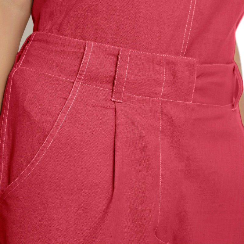 Front Detail of a Model wearing Mid-Rise Vegetable Dyed Red Cotton Culottes