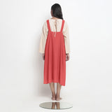 Back View of a Model wearing Red Handspun Cotton Deep Neck Shift Dress