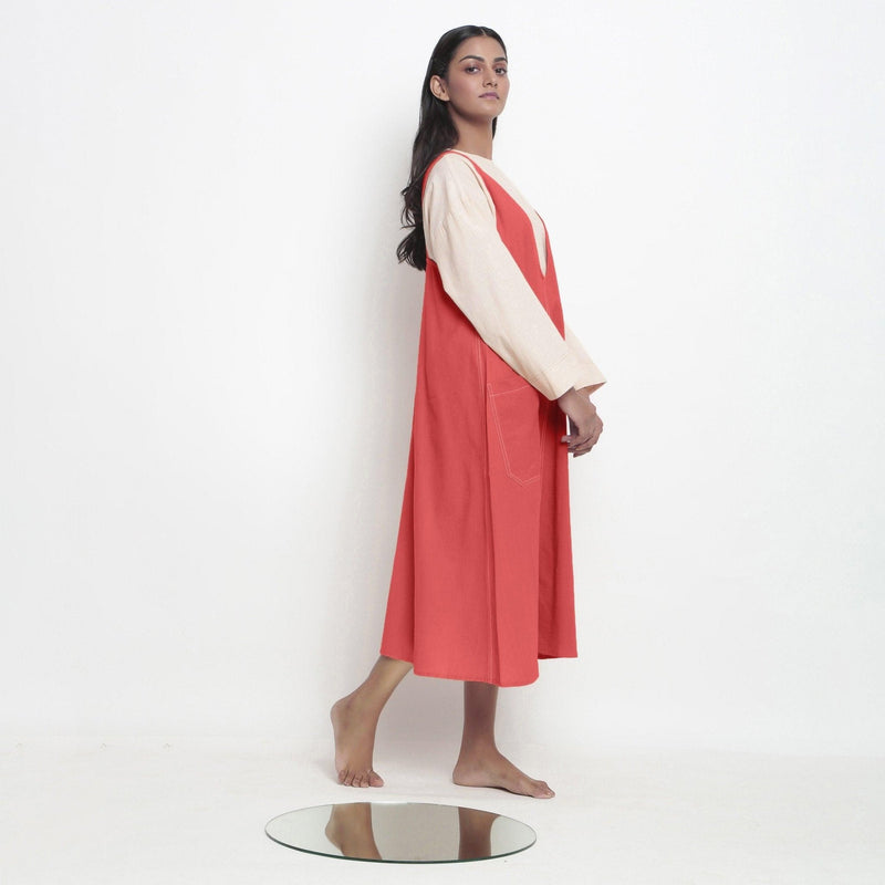 Right View of a Model wearing Red Handspun Cotton Deep Neck Shift Dress