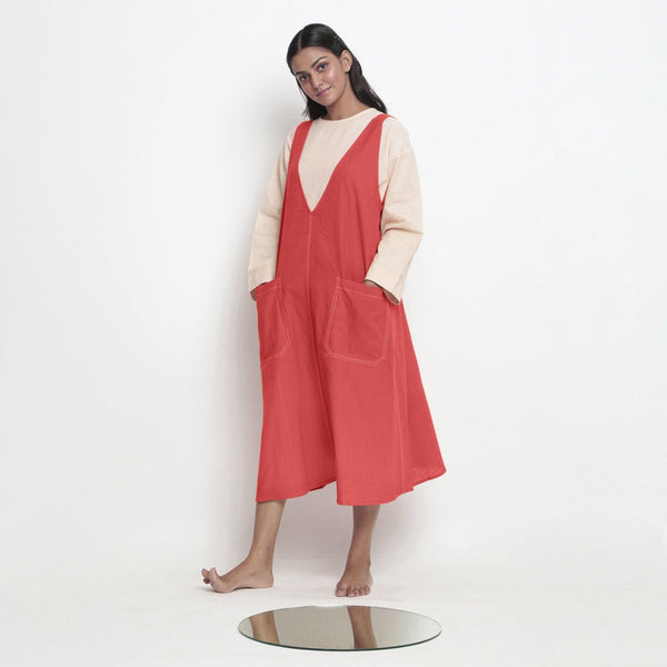 Left View of a Model wearing Red Handspun Cotton Deep Neck Shift Dress