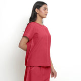 Right View of a Model wearing Red Vegetable-Dyed 100% Cotton Paneled Top