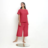 Front View of a Model wearing Red Vegetable-Dyed 100% Cotton Paneled Top