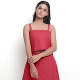 Front View of a Model wearing Vegetable-Dyed Red 100% Cotton Spaghetti Top