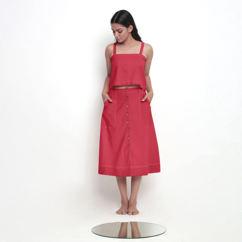 Front View of a Model wearing Vegetable-Dyed Red 100% Cotton Spaghetti Top