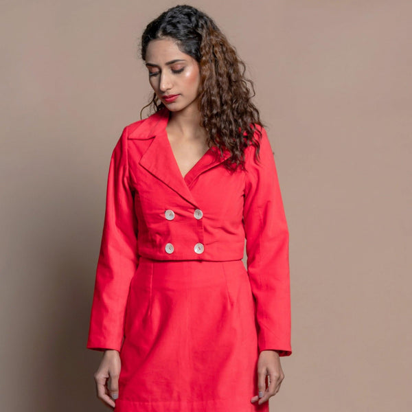 Front View of a Model wearing Red Cotton Velvet Double-Breasted Jacket