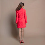 Back View of a Model wearing Red Cotton Velvet Double-Breasted Jacket