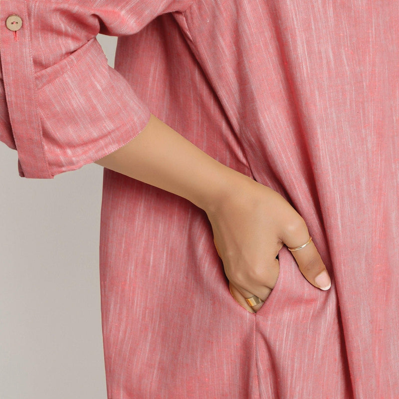 Right Detail of a Model wearing Red Lapel Collar Cotton Overlay