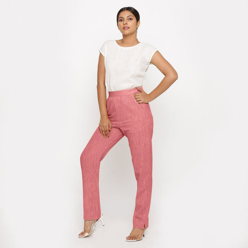 Front View of a Model wearing Red Yarn Dyed Mid Rise Tapered Pant