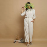 Front View of a Model wearing Relaxed Cotton Flax Ecru Top and Pant Set