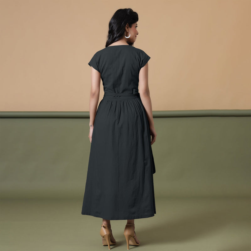 Reversible Black Tie-Dye Cotton V-Neck Maxi Wrap Dress