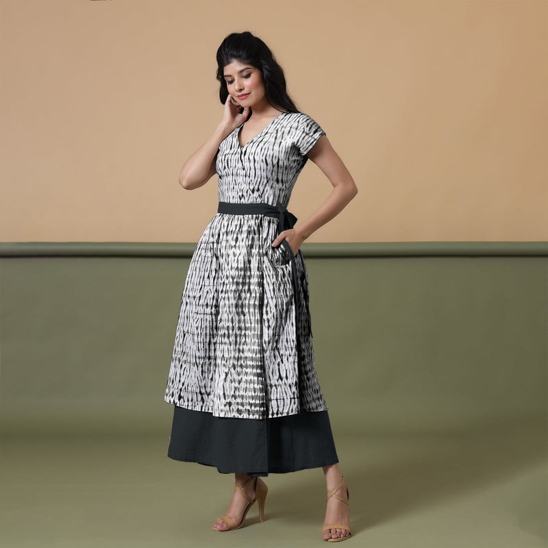 Reversible Black Tie-Dye Cotton V-Neck Maxi Wrap Dress