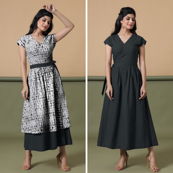 Reversible Black Tie-Dye Cotton V-Neck Maxi Wrap Dress