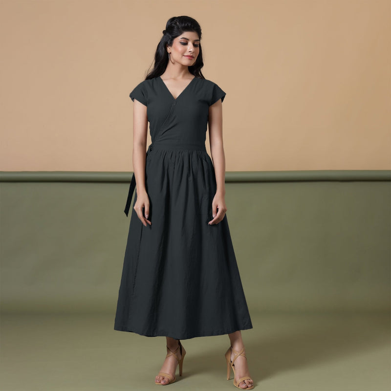 Reversible Black Tie-Dye Cotton V-Neck Maxi Wrap Dress