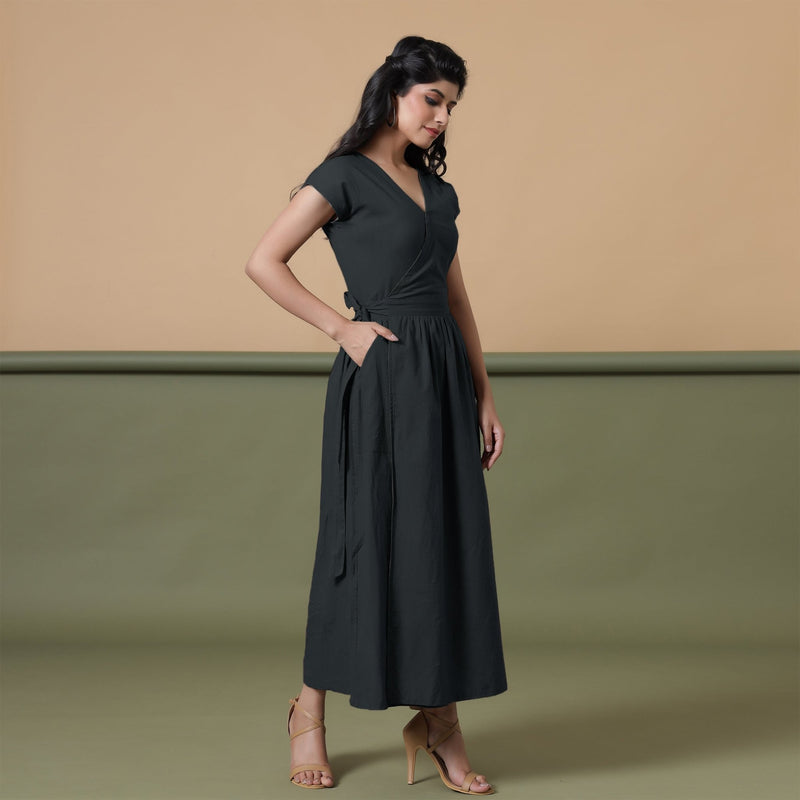 Reversible Black Tie-Dye Cotton V-Neck Maxi Wrap Dress