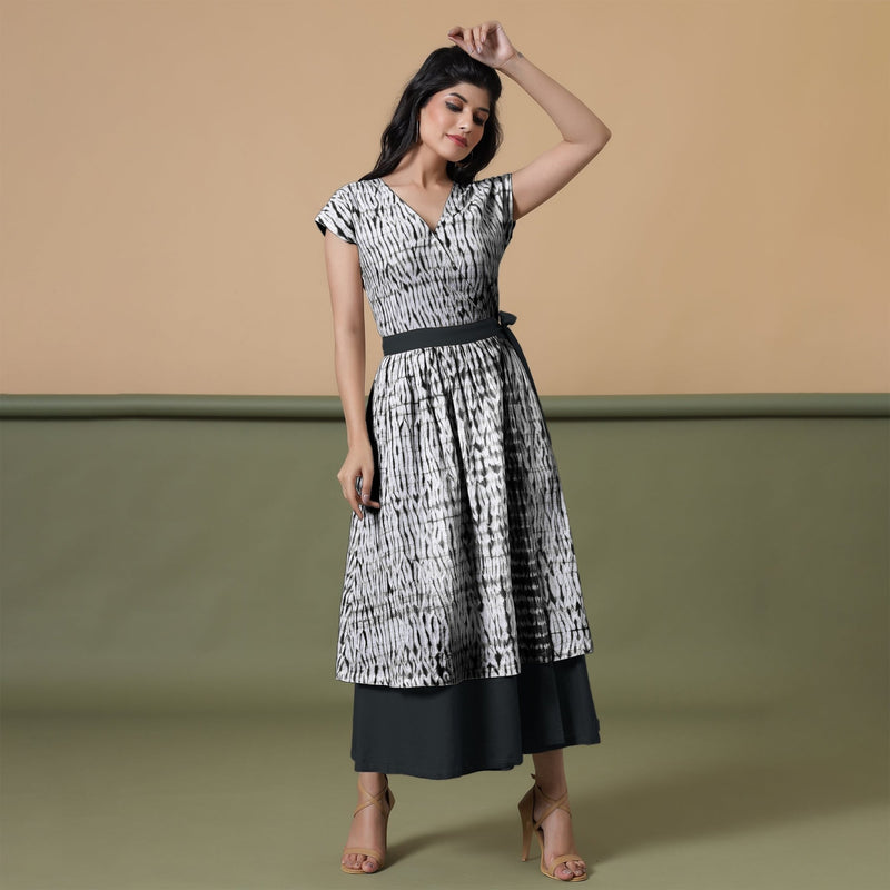 Reversible Black Tie-Dye Cotton V-Neck Maxi Wrap Dress
