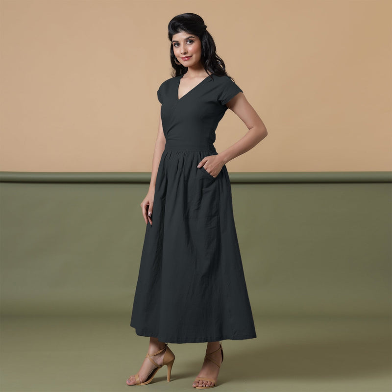 Reversible Black Tie-Dye Cotton V-Neck Maxi Wrap Dress