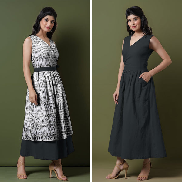 Reversible Black Tie-Dye Cotton V-Neck Sleeveless Maxi Wrap Dress