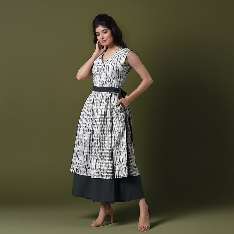 Reversible Black Tie-Dye Cotton V-Neck Sleeveless Maxi Wrap Dress