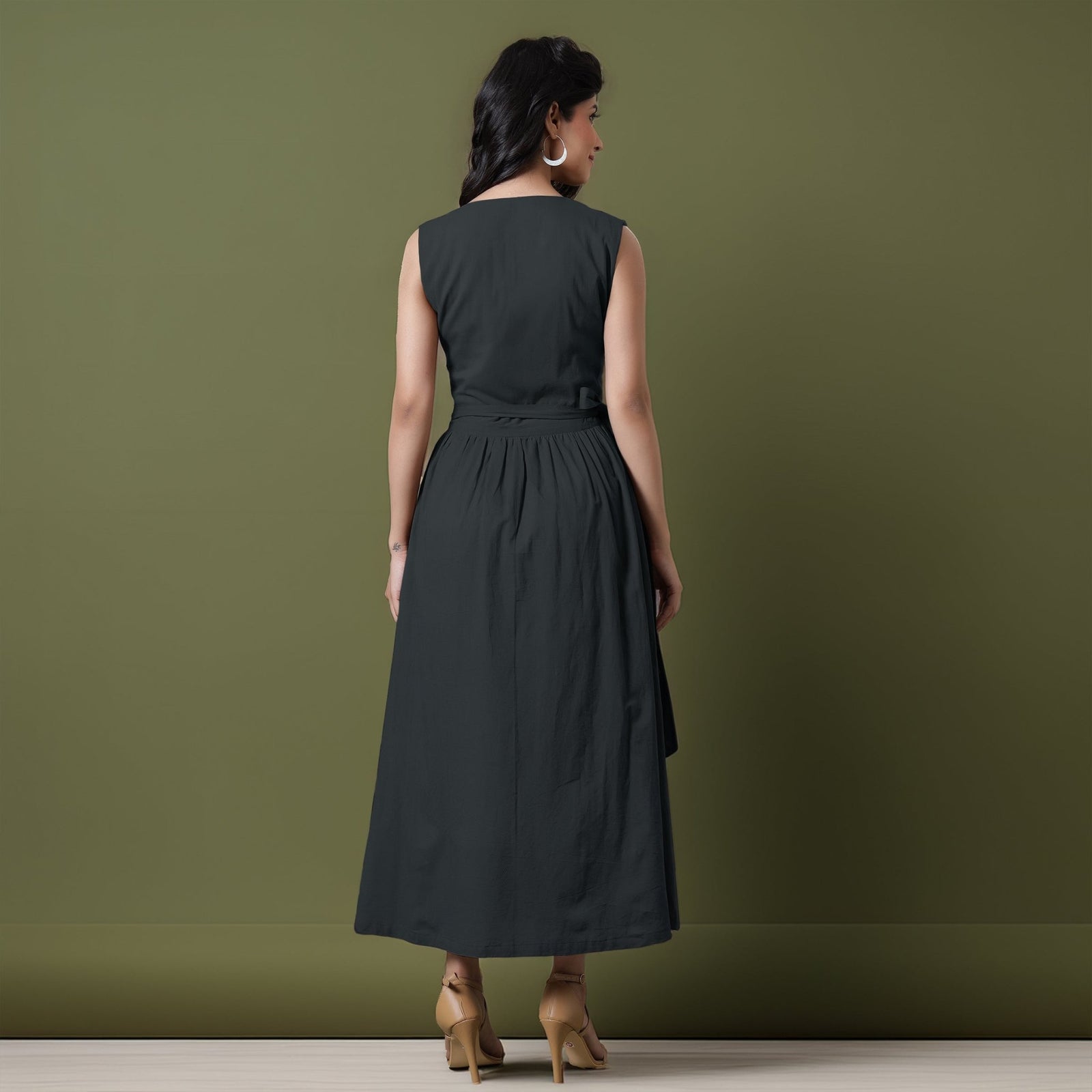 Reversible Black Tie-Dye Cotton V-Neck Sleeveless Maxi Wrap Dress 50