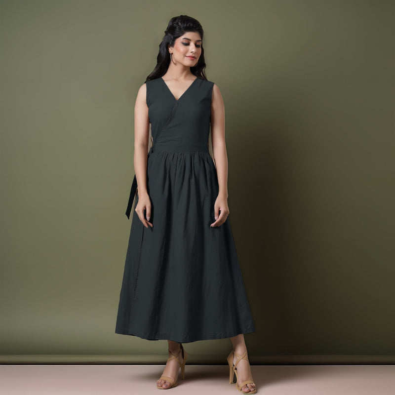 Reversible Black Tie-Dye Cotton V-Neck Sleeveless Maxi Wrap Dress