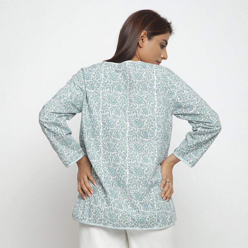 Back View of a Model wearing Reversible Green Button-Down Outerwear