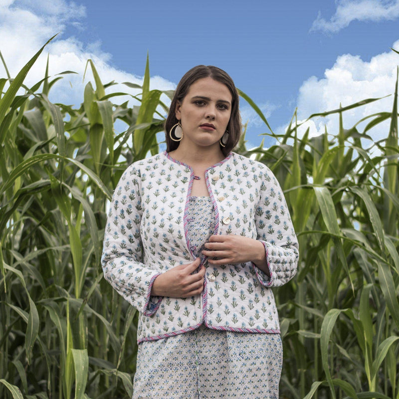 Front View of a Model wearing Hand-Block Printed Reversible Quilted Cotton Jacket